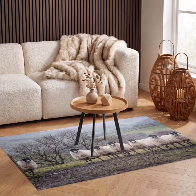 Schapen - Rij - Weide - Dieren - Platteland Vloerkleed Rechthoek klein -atmosphere_sfeer2_global