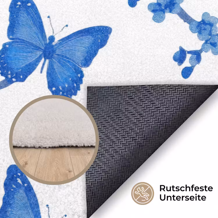Vlinder - Bloemen - Blauw Vloerkleed Rechthoek klein 1091 -uniquesellingpoint_antislip_DE_DE