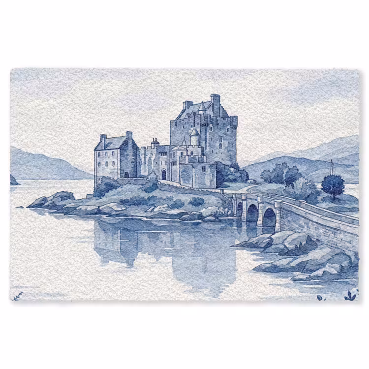 Schots - Kasteel - Blauw - Aquarel Vloerkleed Rechthoek klein -3d