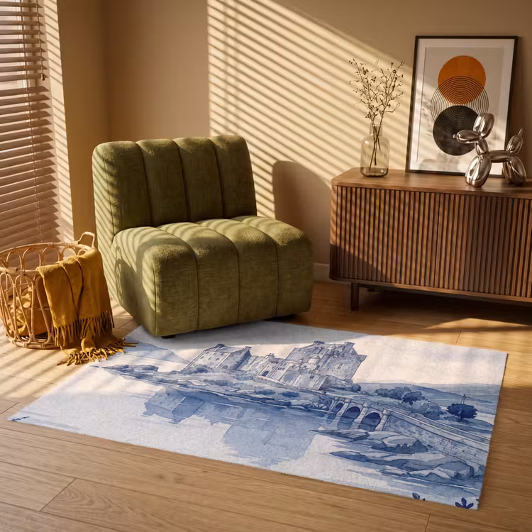 Schots - Kasteel - Blauw - Aquarel Vloerkleed Rechthoek klein -atmosphere_sfeer1_global