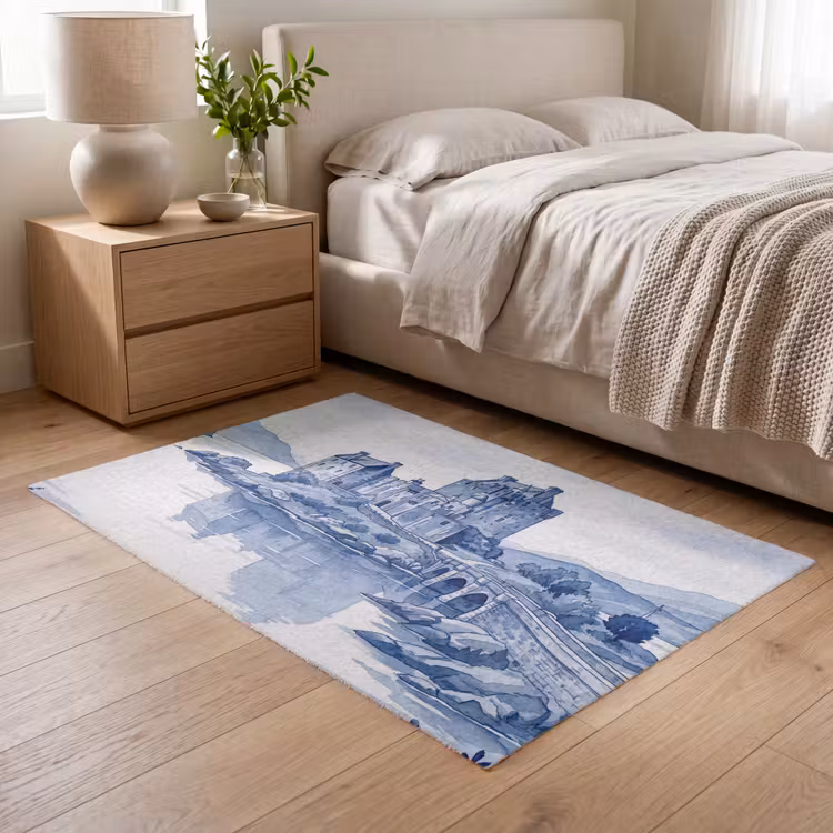 Schots - Kasteel - Blauw - Aquarel Vloerkleed Rechthoek klein -atmosphere_sfeer3_global