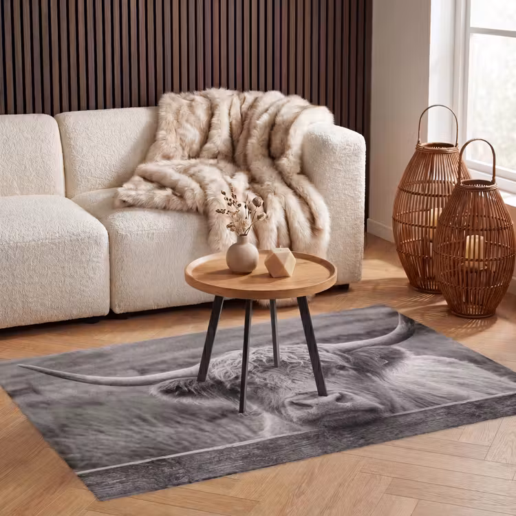 Schotse hooglander - Zwart - Wit - Hout Vloerkleed Rechthoek klein -atmosphere_sfeer2_global