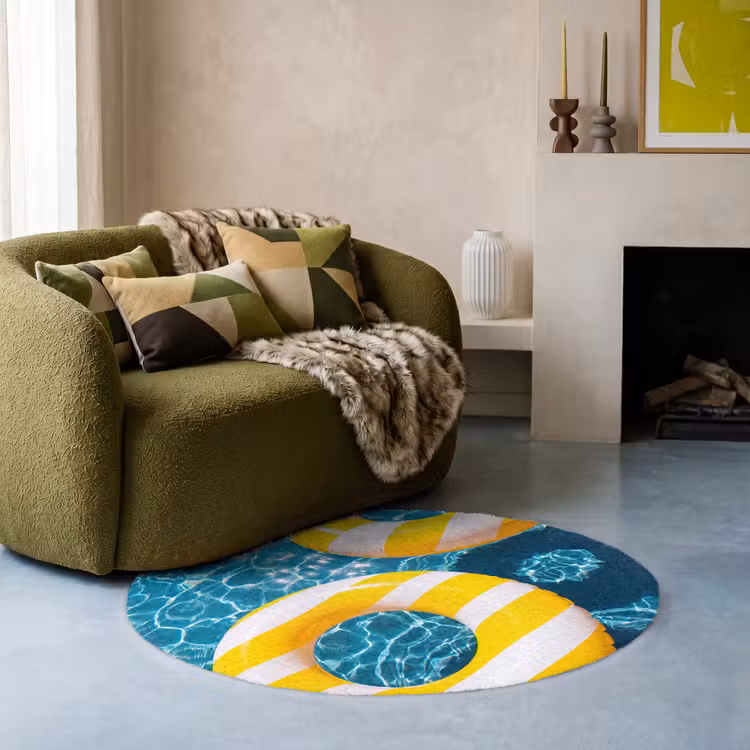 Teppich - Schwimmbad – Schwimmringe – Sommer – Gelb – Blau - Zwembad - Zwembanden - Zomer - Geel - Blauw Vloerkleed Rond klein