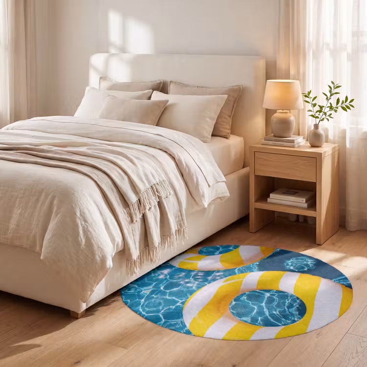 Teppich - Schwimmbad – Schwimmringe – Sommer – Gelb – Blau - Zwembad - Zwembanden - Zomer - Geel - Blauw Vloerkleed Rond klein