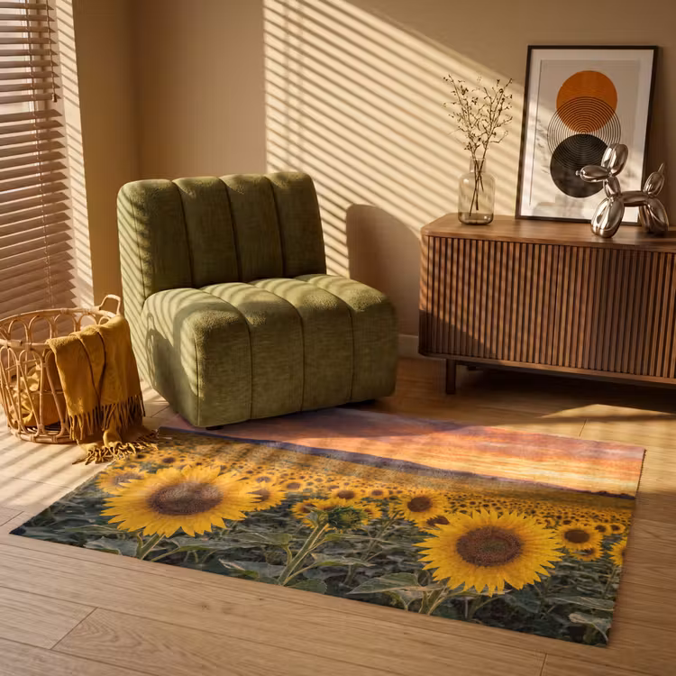 Zonnebloemen - Heuvellandschap - Geel Vloerkleed Rechthoek klein -atmosphere_sfeer1_global