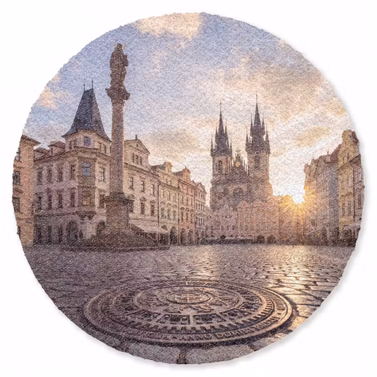 Teppich - Stadt – Prag – Morgen – Architektur – Gold - Stad - Praag - Ochtend - Architectuur - Goud Vloerkleed Rond klein