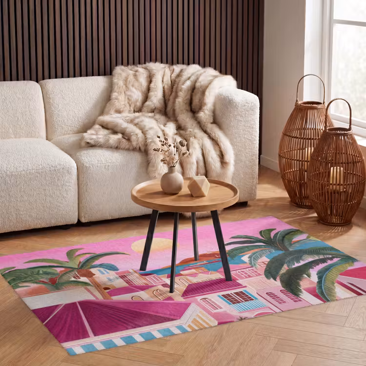 Stad - Roze - Palmbomen Vloerkleed Rechthoek klein -atmosphere_sfeer2_global