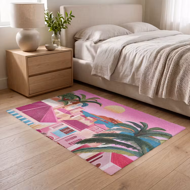 Stad - Roze - Palmbomen Vloerkleed Rechthoek klein -atmosphere_sfeer3_global