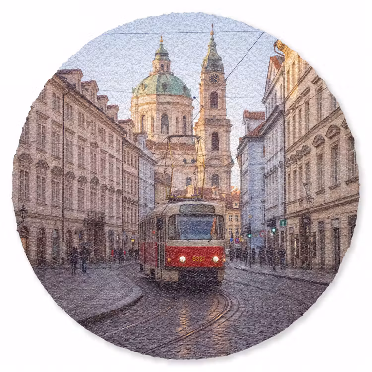 Teppich - Straßenbahn – Straße – Stadtansicht – Klassisch – Rot - Tram - Straat - Stadsgezicht - Klassiek - Rood Vloerkleed Rond klein