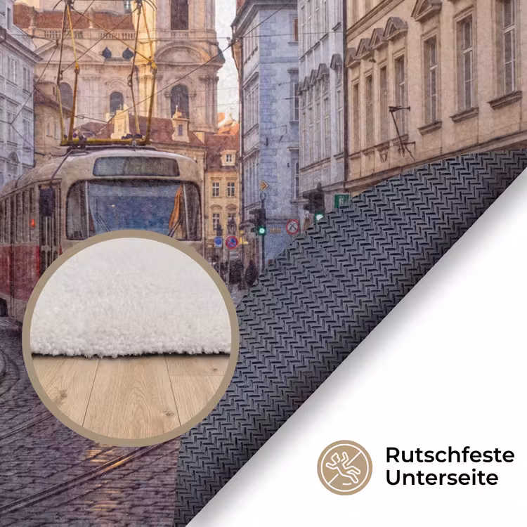 Teppich - Straßenbahn – Straße – Stadtansicht – Klassisch – Rot - Tram - Straat - Stadsgezicht - Klassiek - Rood Vloerkleed Rond klein