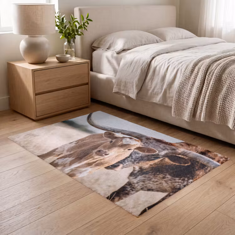 Texas Longhorn - Kalf - Weide - Dieren Vloerkleed Rechthoek klein -atmosphere_sfeer3_global