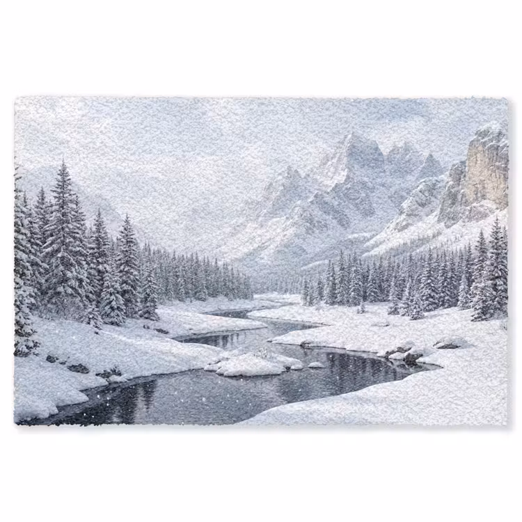 Sneeuwlandschap - Bergen - Rivier - Winter Vloerkleed Rechthoek klein -3d