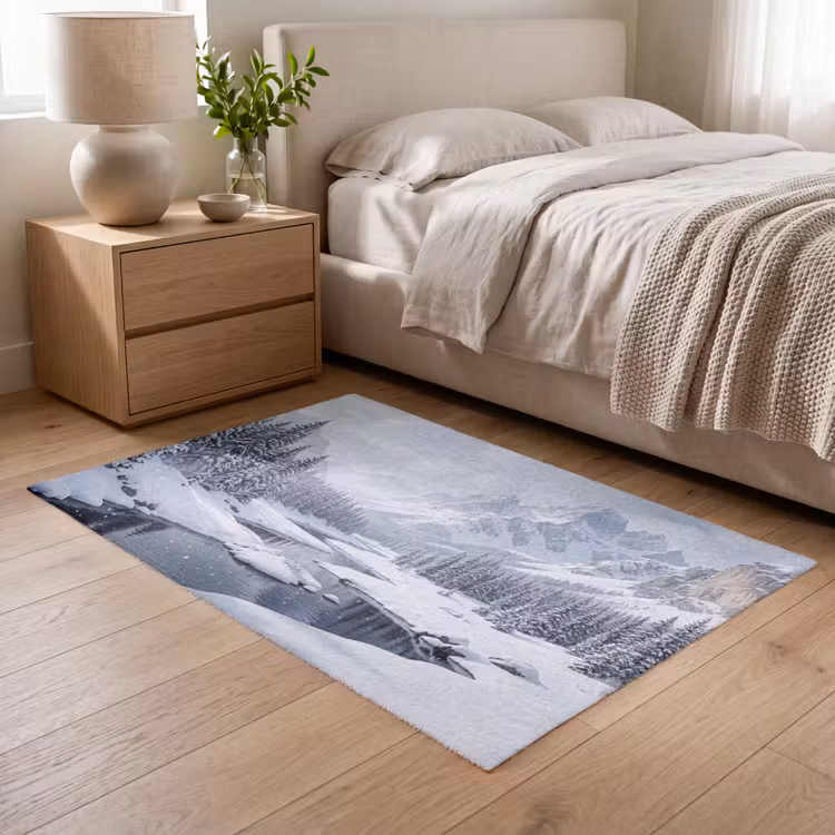 Sneeuwlandschap - Bergen - Rivier - Winter Vloerkleed Rechthoek klein -atmosphere_sfeer3_global