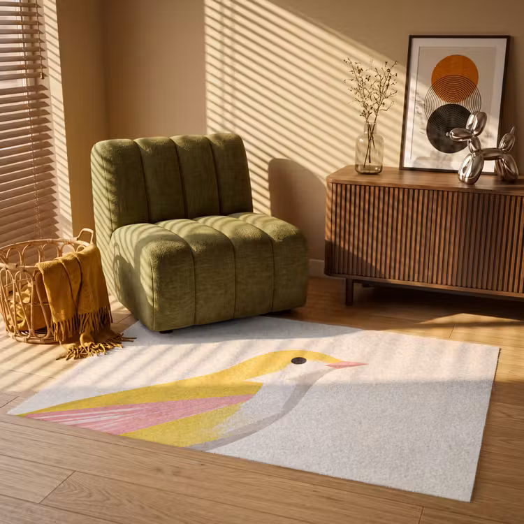 Vogel - Minimalistisch - Geel Vloerkleed Rechthoek klein -atmosphere_sfeer1_global