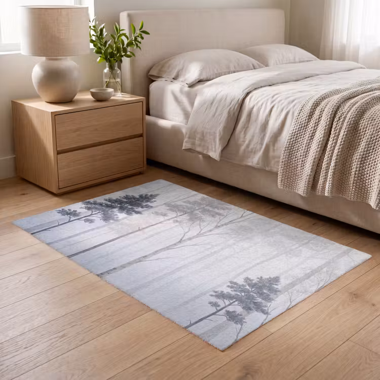Bos - Bomen - Mist - Natuur - Illustratie - Grijs Vloerkleed Rechthoek klein -atmosphere_sfeer3_global