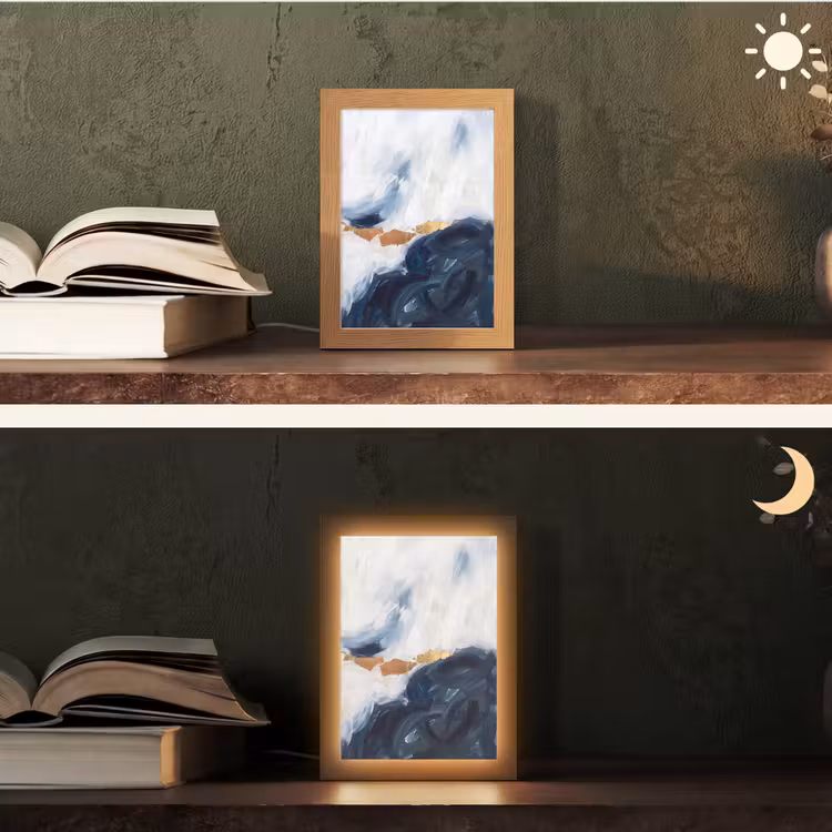 Abstract - Acryl - Blauw - Goud - Elegant Light Box met kabel (Tafellamp) klein -sfeer3