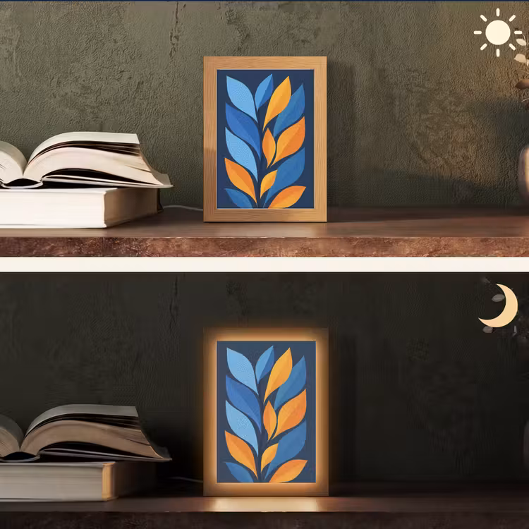 Abstract - Bladeren - Blauw Light Box met kabel (Tafellamp) klein -sfeer3