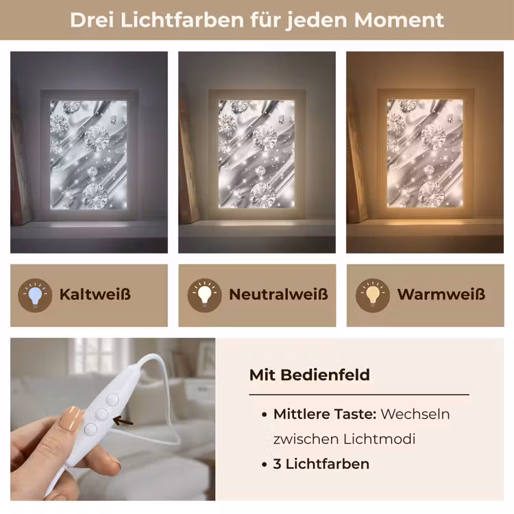 Abstract - Diamant - Luxe - Modern - Zilver Light Box met kabel (Tafellamp) klein -USP_lichtkleurDE