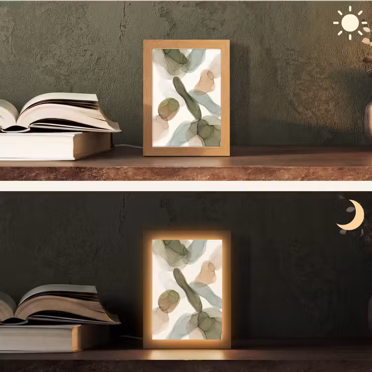 Abstract - Vormen - Modern - Kunst - Groen - Bruin Light Box met kabel (Tafellamp) klein -sfeer3