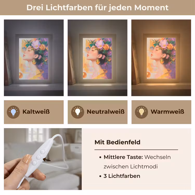 Abstract - Vrouw - Bloemenkroon - Goud Light Box met kabel (Tafellamp) klein -USP_lichtkleurDE