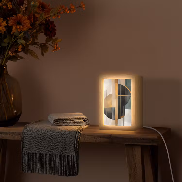 Abstract - Goud - Brons - Groen - Vormen - Modern Light Box met kabel (Tafellamp) klein -sfeer4