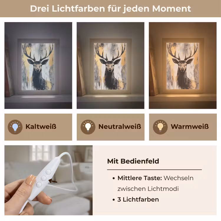 Abstract - Hert - Gewei - Goud Light Box met kabel (Tafellamp) klein -USP_lichtkleurDE