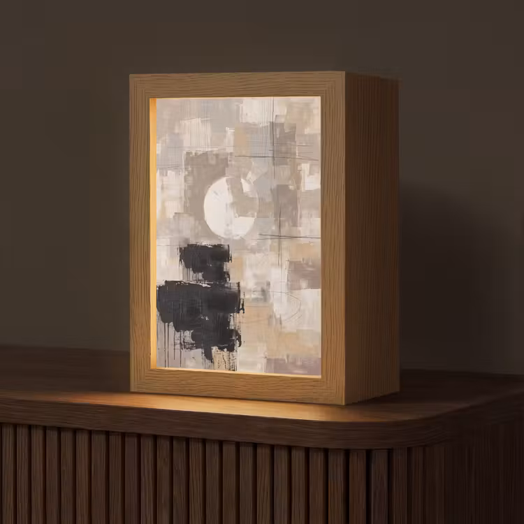 Abstract - Cirkel - Modern - Beige - Zwart - Minimalistisch Light Box met kabel (Tafellamp) klein -z3d_website