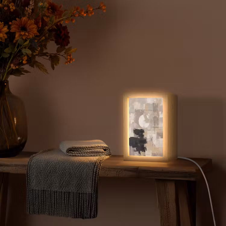 Abstract - Cirkel - Modern - Beige - Zwart - Minimalistisch Light Box met kabel (Tafellamp) klein -sfeer4