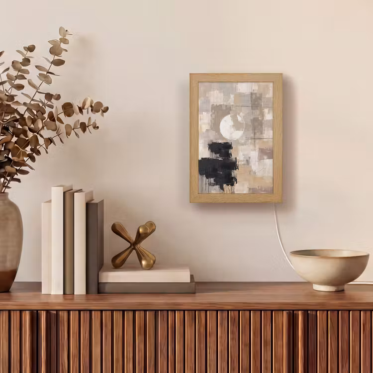 Abstract - Cirkel - Modern - Beige - Zwart - Minimalistisch Light Box met kabel (Tafellamp) klein -sfeer2