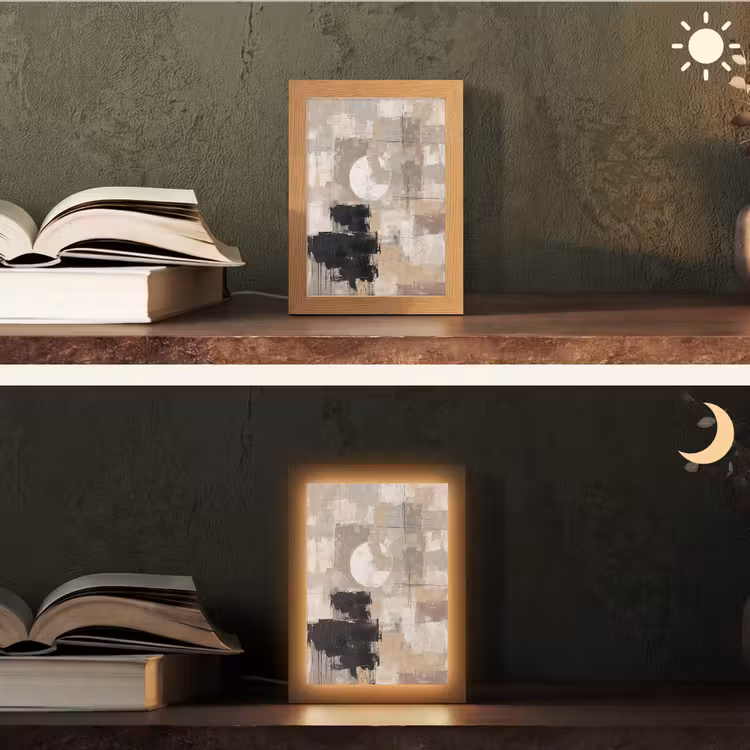 Abstract - Cirkel - Modern - Beige - Zwart - Minimalistisch Light Box met kabel (Tafellamp) klein -sfeer3