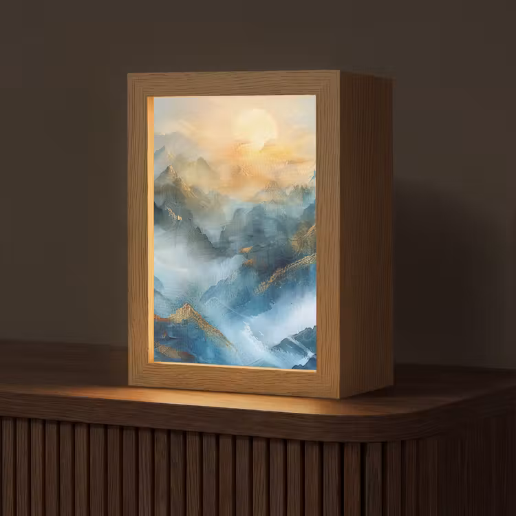 Abstract - Landschap - Bergen - Blauw - Modern Light Box met kabel (Tafellamp) klein -z3d_website