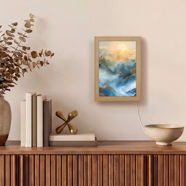Abstract - Landschap - Bergen - Blauw - Modern Light Box met kabel (Tafellamp) klein -sfeer2