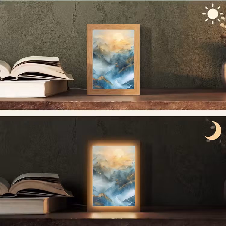 Abstract - Landschap - Bergen - Blauw - Modern Light Box met kabel (Tafellamp) klein -sfeer3