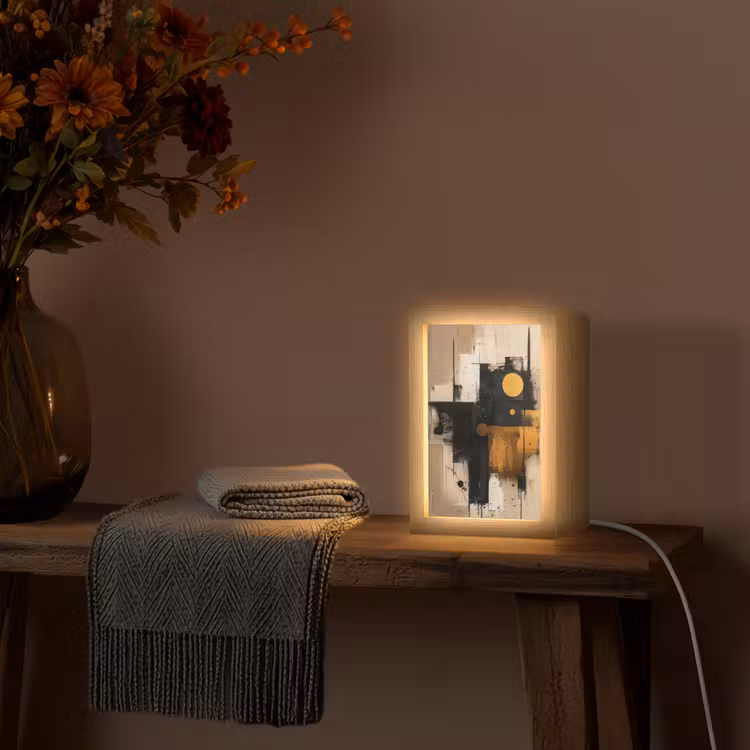 Abstract - Zwart - Goud - Modern Light Box met kabel (Tafellamp) klein -sfeer4