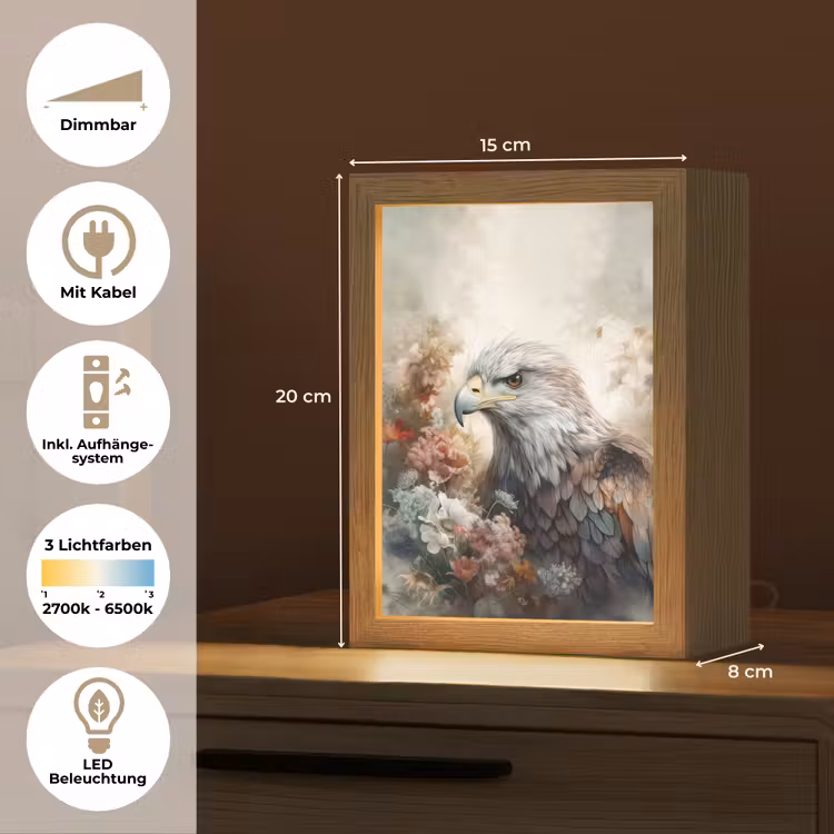 Arend - Adelaar - Vogel - Bloemen - Natuur Light Box met kabel (Tafellamp) klein -USP_DE