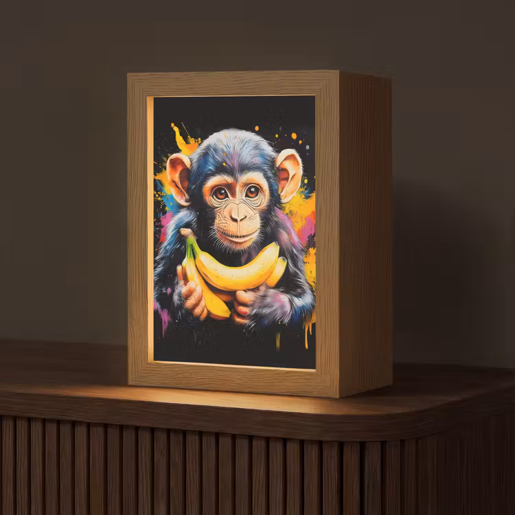 Aap - Graffiti - Kleurrijk - Bananen - Modern Light Box met kabel (Tafellamp) klein -z3d_website