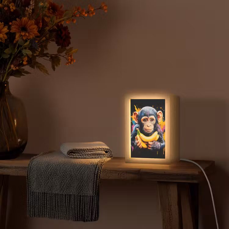 Aap - Graffiti - Kleurrijk - Bananen - Modern Light Box met kabel (Tafellamp) klein -sfeer4
