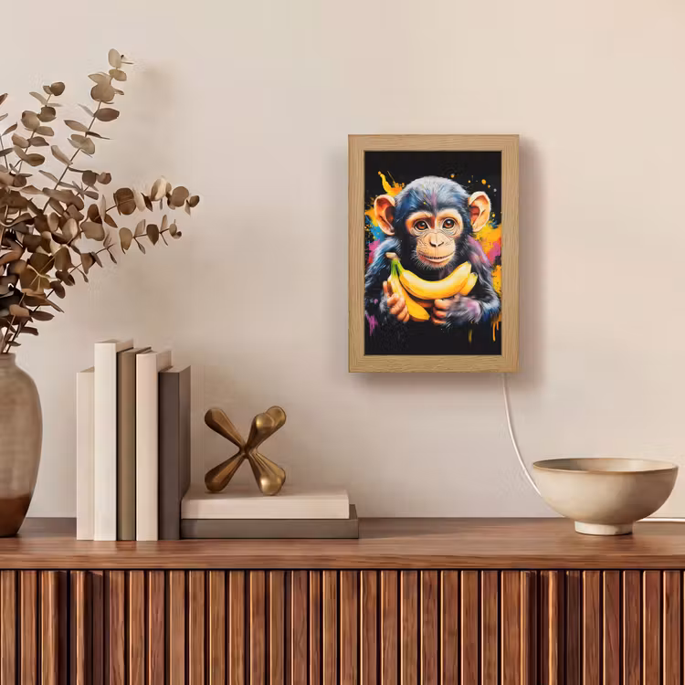 Aap - Graffiti - Kleurrijk - Bananen - Modern Light Box met kabel (Tafellamp) klein -sfeer2