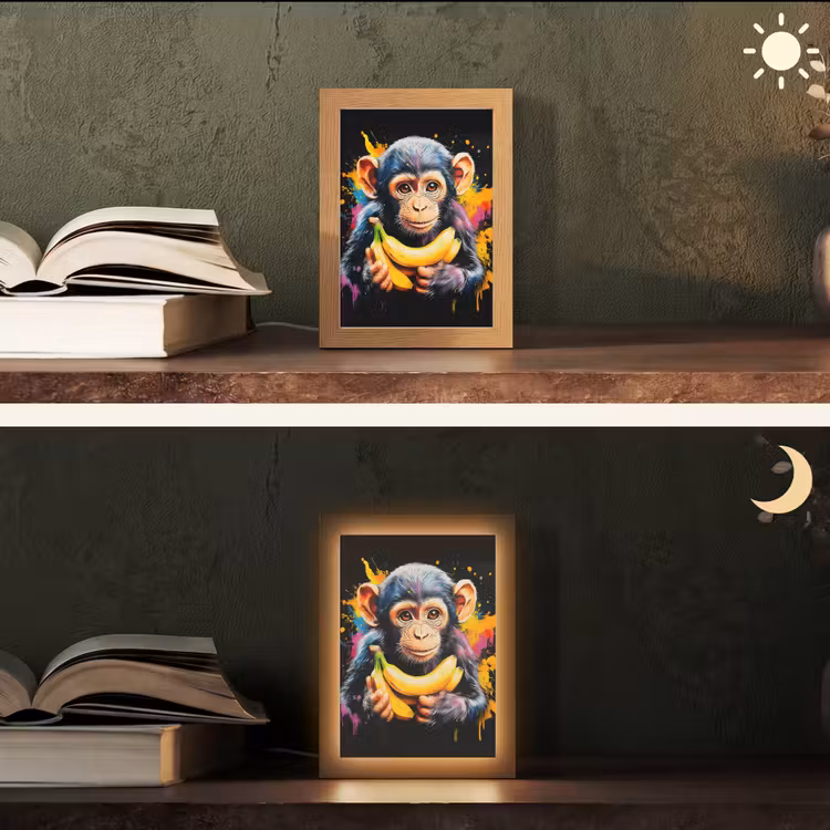 Aap - Graffiti - Kleurrijk - Bananen - Modern Light Box met kabel (Tafellamp) klein -sfeer3