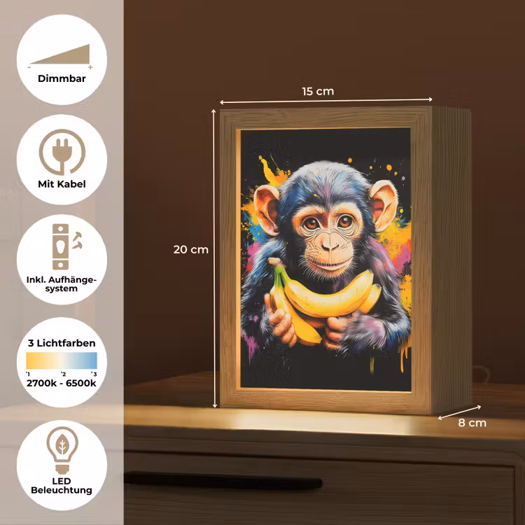 Aap - Graffiti - Kleurrijk - Bananen - Modern Light Box met kabel (Tafellamp) klein -USP_DE