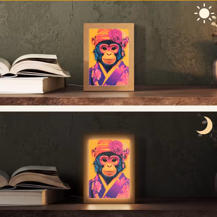 Aap - Kimono - Bloemen - Hoofdtooi Light Box met kabel (Tafellamp) klein -sfeer3
