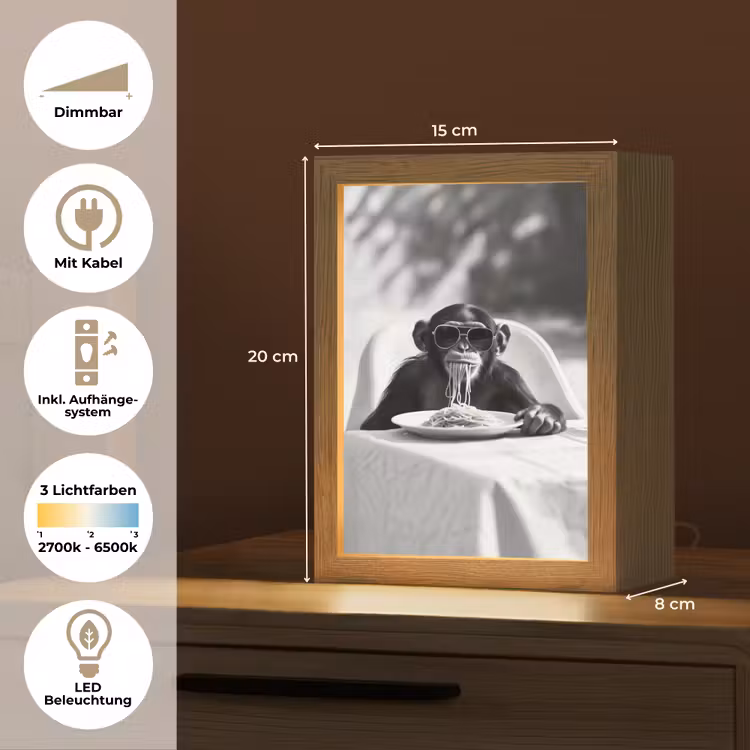Aap - Spaghetti - Zonnebril - Zwart wit - Cool - Dier Light Box met kabel (Tafellamp) klein -USP_DE
