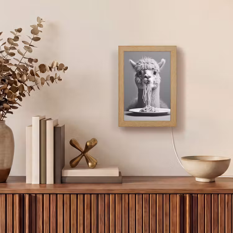 Alpaca - Pasta - Zwart - Wit - Grappig - Dieren Light Box met kabel (Tafellamp) klein -sfeer2