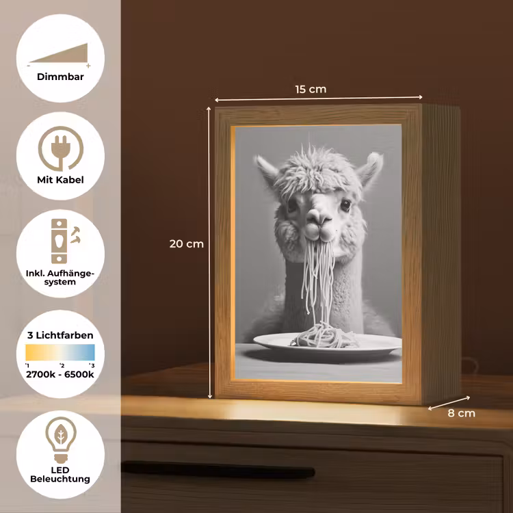 Alpaca - Pasta - Zwart - Wit - Grappig - Dieren Light Box met kabel (Tafellamp) klein -USP_DE