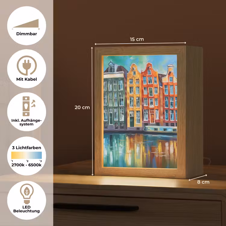 Amsterdam - Olieverf - Gracht - Schilderij - Kunst Light Box met kabel (Tafellamp) klein -USP_DE