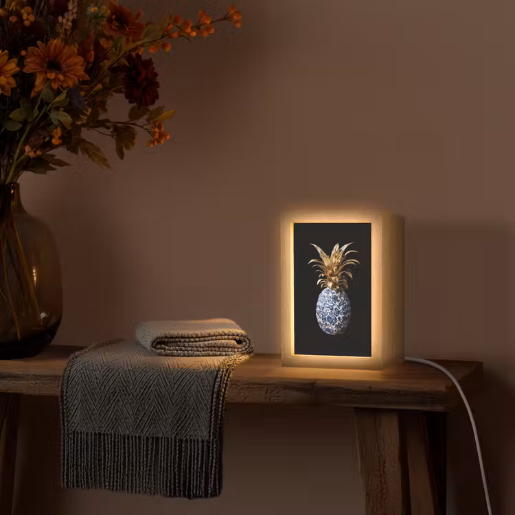 Ananas - Bloemen patroon - Goud - Delftsblauw Light Box met kabel (Tafellamp) klein -sfeer4