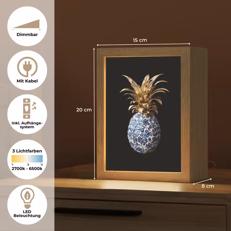 Ananas - Bloemen patroon - Goud - Delftsblauw Light Box met kabel (Tafellamp) klein -USP_DE
