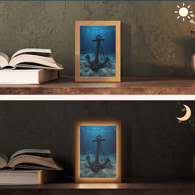 Anker - Ijzer - Zeebodem - Zand Light Box met kabel (Tafellamp) klein -sfeer3