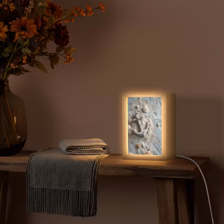 Anker - Hout - Schelpen - Zand Light Box met kabel (Tafellamp) klein -sfeer4