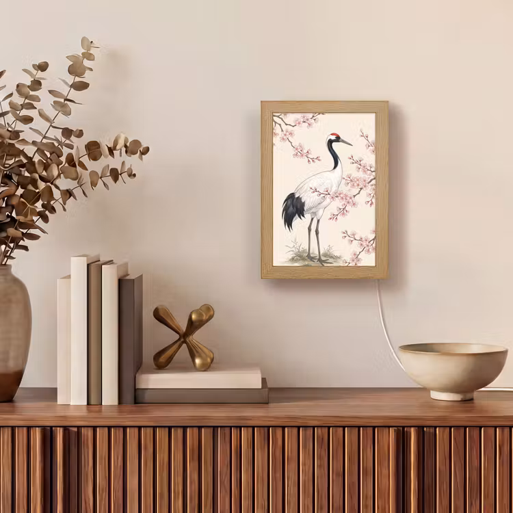 Aziatisch - Kraanvogel - Beige Light Box met kabel (Tafellamp) klein -sfeer2
